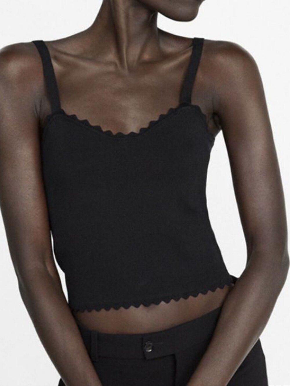 Zara Black Scalloped Cropped Tank Ribbed Stretch Size L 90s Minimalist Layering